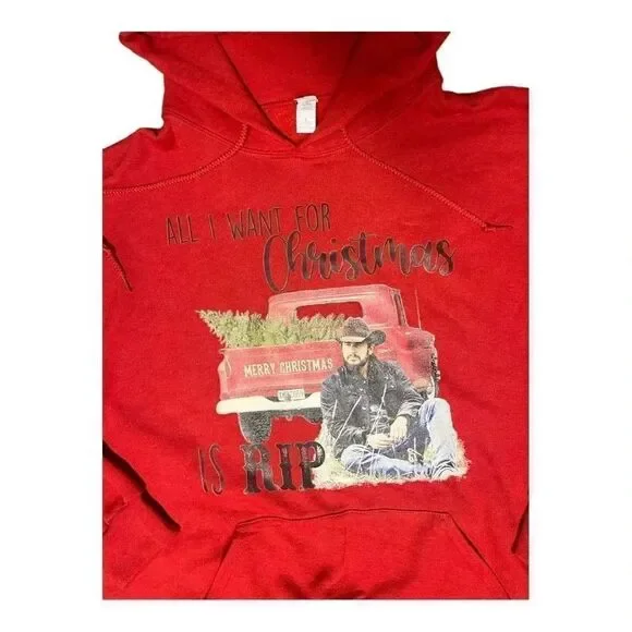women’s YELLOWSTONE “ALL I WANT FOR CHRISTMAS IS RIP” red hoodie NWT size large - Picture 4 of 7